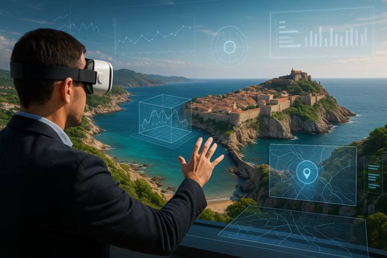 Usuario explorando experiencias turísticas inmersivas en un entorno virtual con visualización 3D