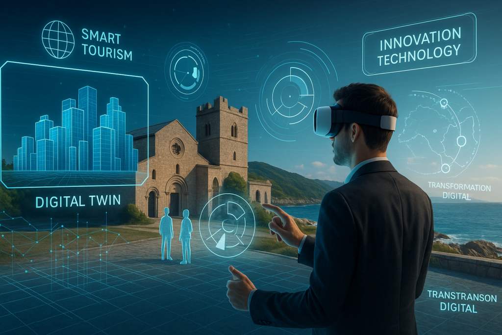 Escena de metaverso turístico con gemelos digitales y avatares interactivos optimizada con el término metaverso turístico