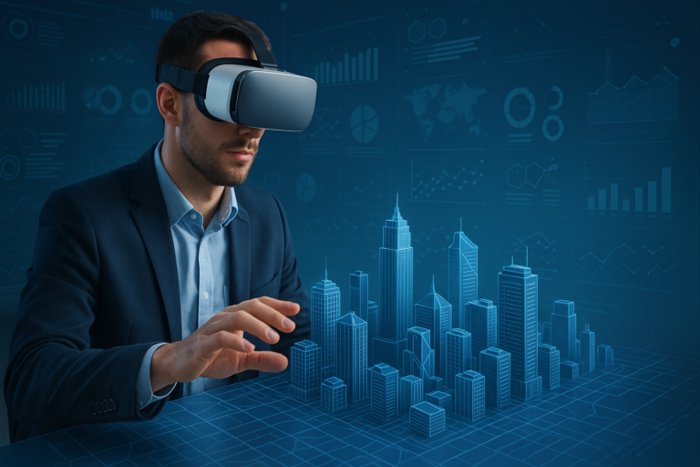 Usuario explorando experiencias turísticas inmersivas mediante entorno virtual y visualización 3D