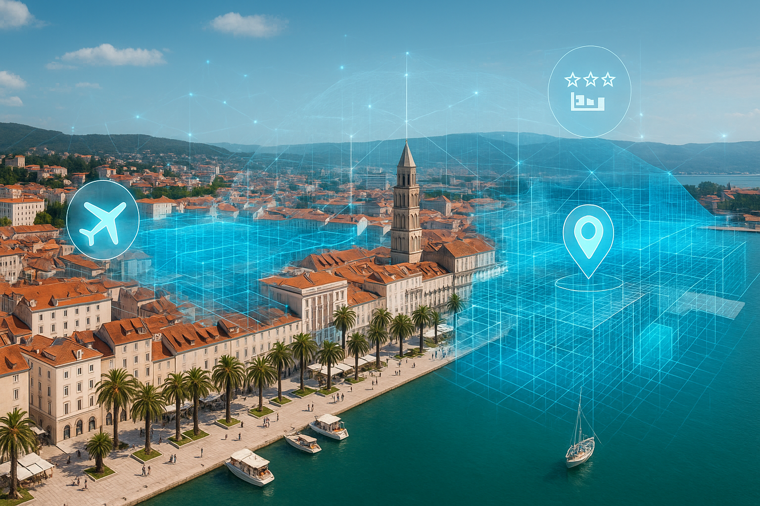 Vista aérea turística con superposición digital optimizada mostrando gemelo digital turismo