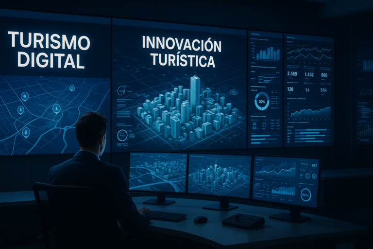 Sala de control urbana con mapas 3D y datos del gemelo digital DTI en tiempo real