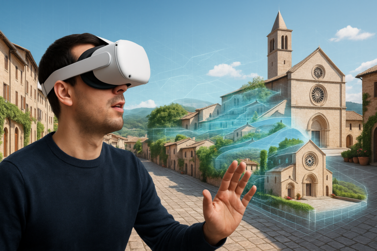 Persona utilizando VR para explorar un destino digital con gemelo digital experiencia inmersiva