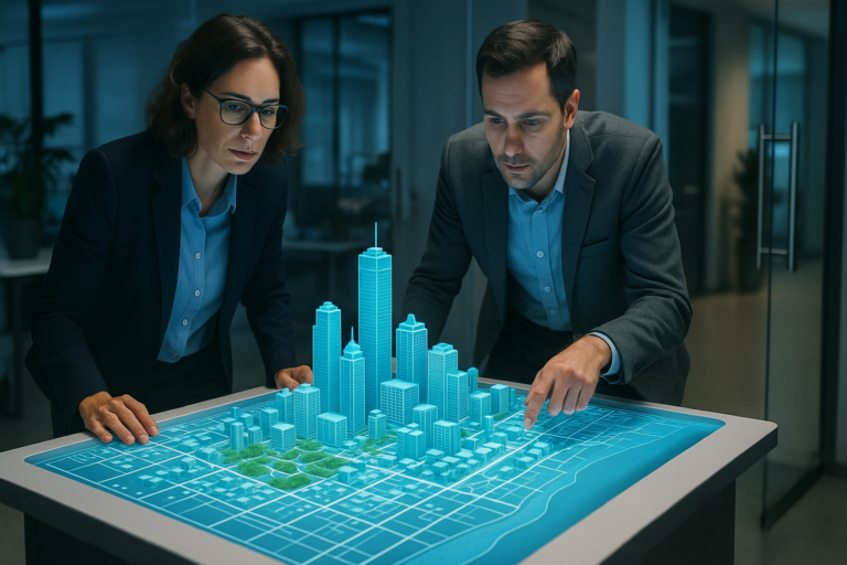 Arquitectos analizando un modelo urbano turístico en una mesa interactiva con gemelo digital planificación turística