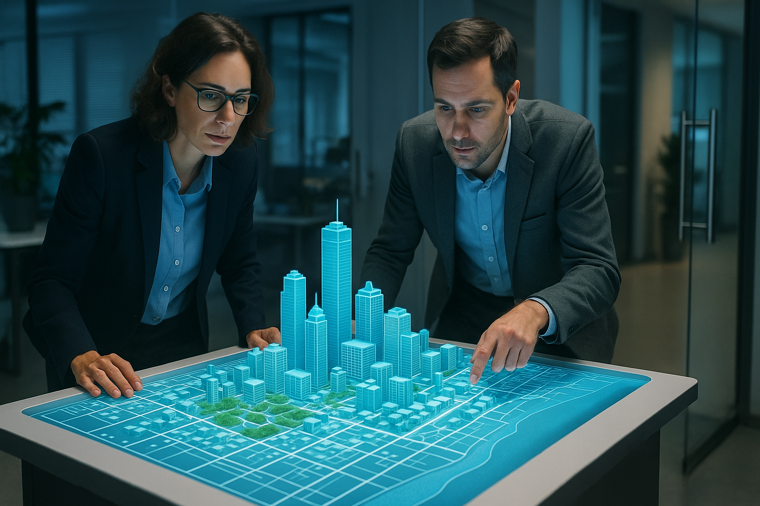 Arquitectos analizando un modelo urbano turístico en una mesa interactiva con gemelo digital planificación turística