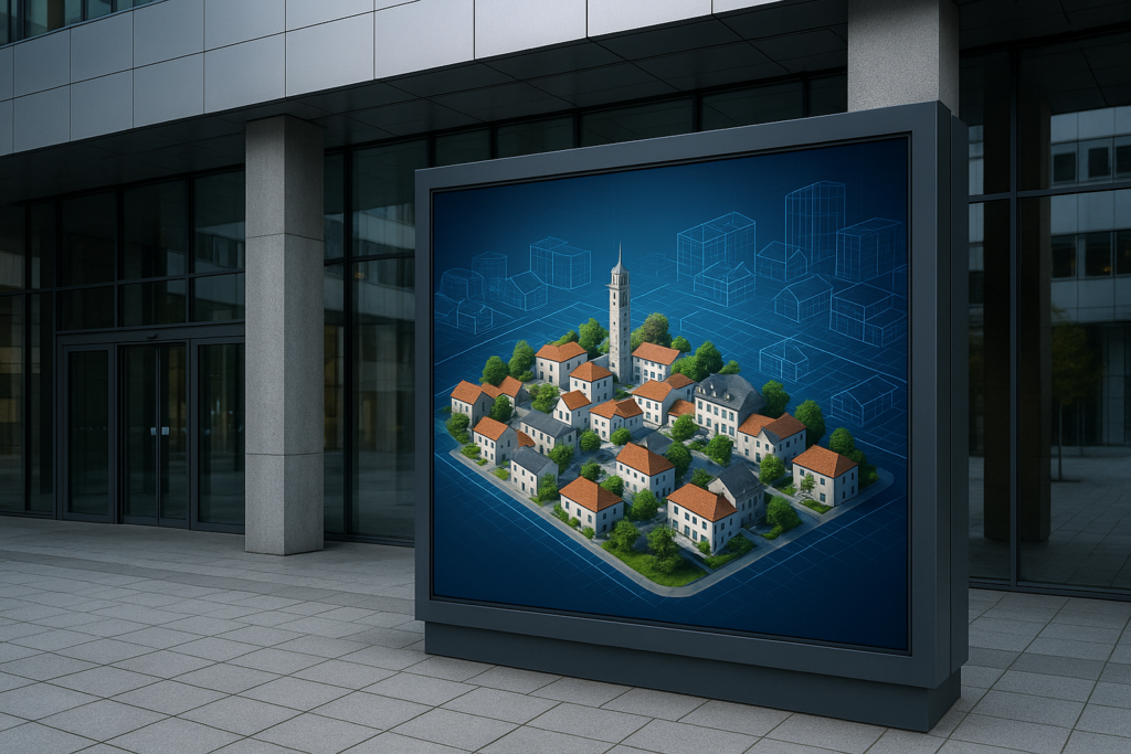 Ayuntamiento moderno con pantalla mostrando gemelos digitales municipios