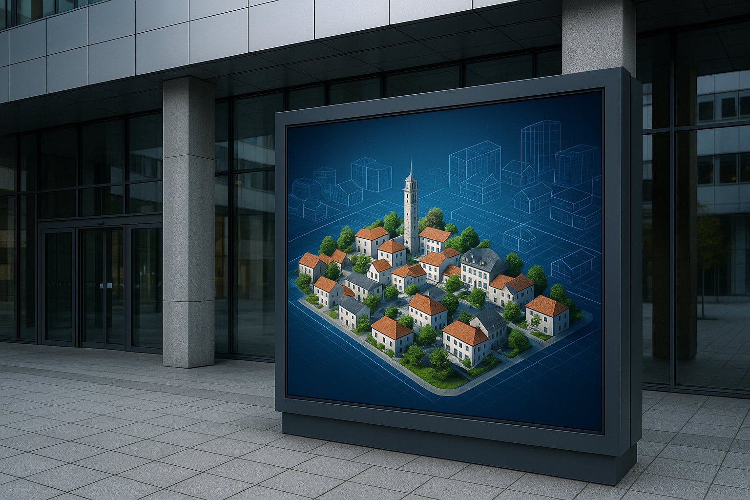 Ayuntamiento moderno con pantalla mostrando gemelos digitales municipios