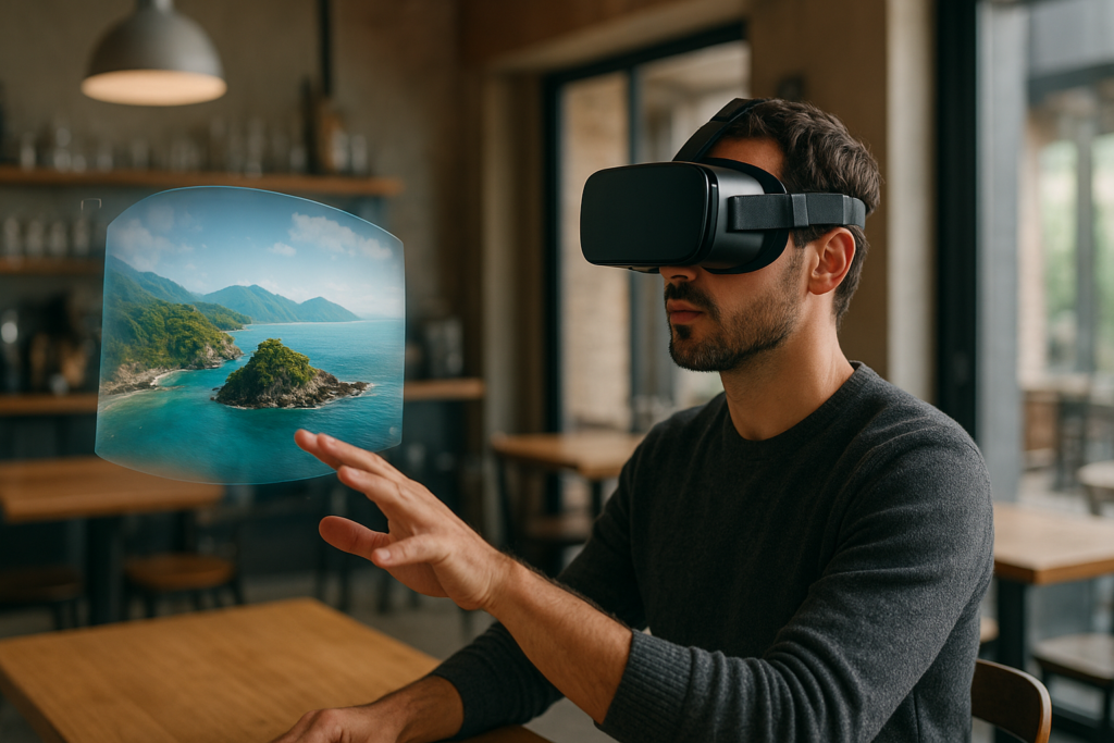 Usuario explorando experiencias turísticas inmersivas en un entorno virtual con visualización 3D