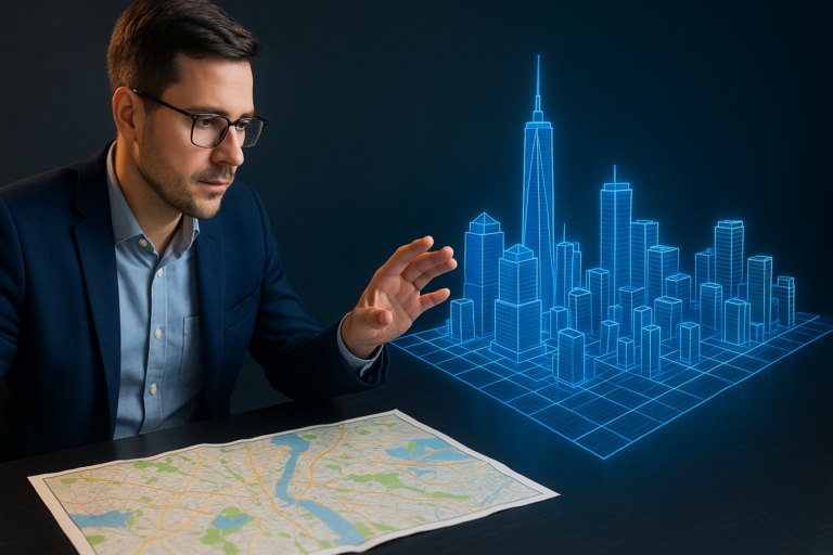 Escena visual que muestra la transición tecnológica del turismo con gemelo digital evolución turismo contrastando mapa tradicional y proyección 3D.