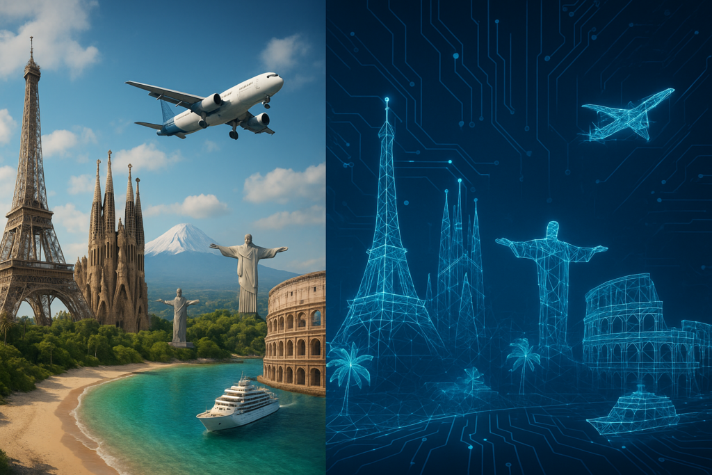 Collage realista de destinos turísticos con representación de gemelo digital casos reales superpuestos