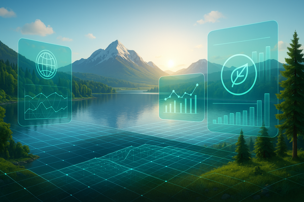 Paisaje turístico con capas digitales representando gemelo digital sostenibilidad