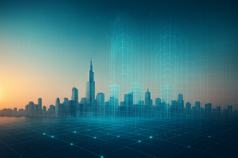 Horizonte urbano turístico futurista con capas digitales que representan su gemelo digital y el futuro gemelo digital.