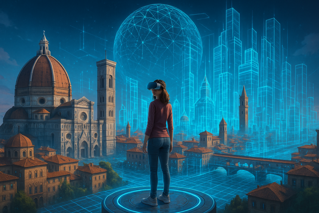 Ciudad turística transformada en entorno virtual inmersivo destacando gemelo digital metaverso