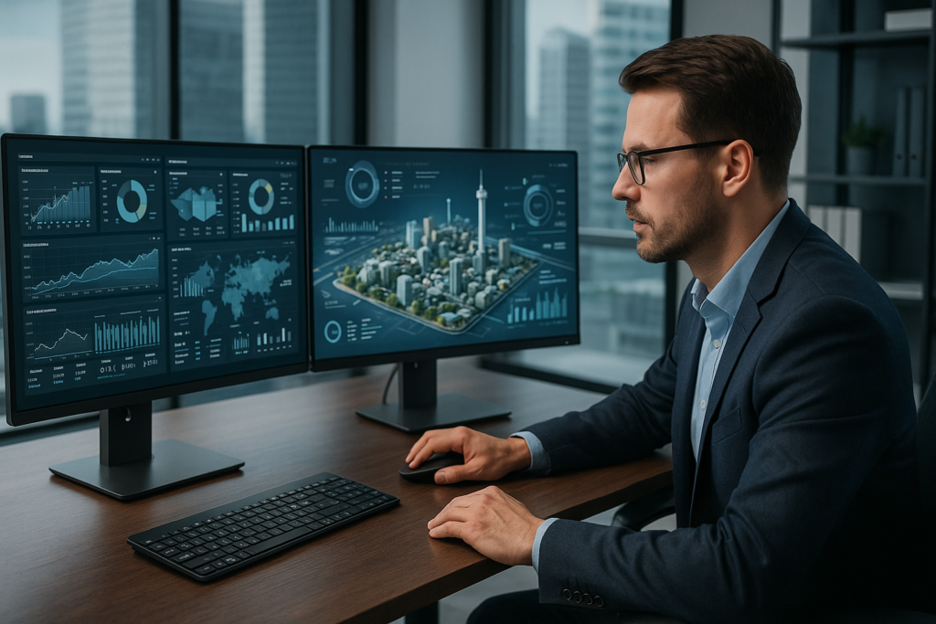 Ejecutivo analizando dashboards conectados a un gemelo digital decisiones en un entorno profesional.