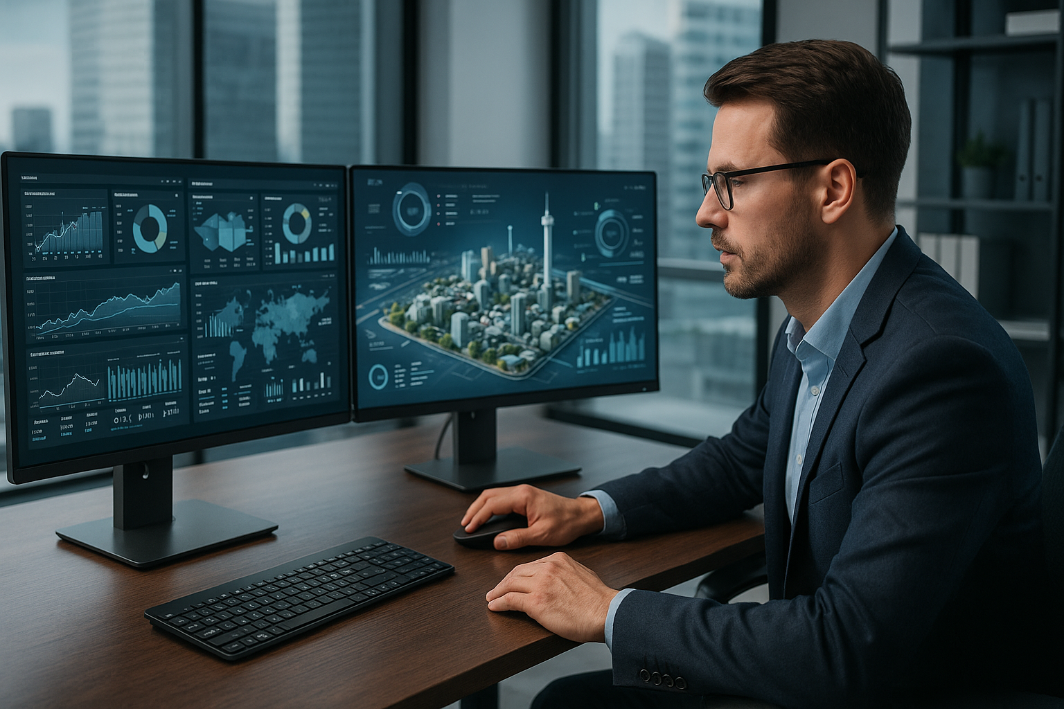 Ejecutivo analizando dashboards conectados a un gemelo digital decisiones en un entorno profesional.