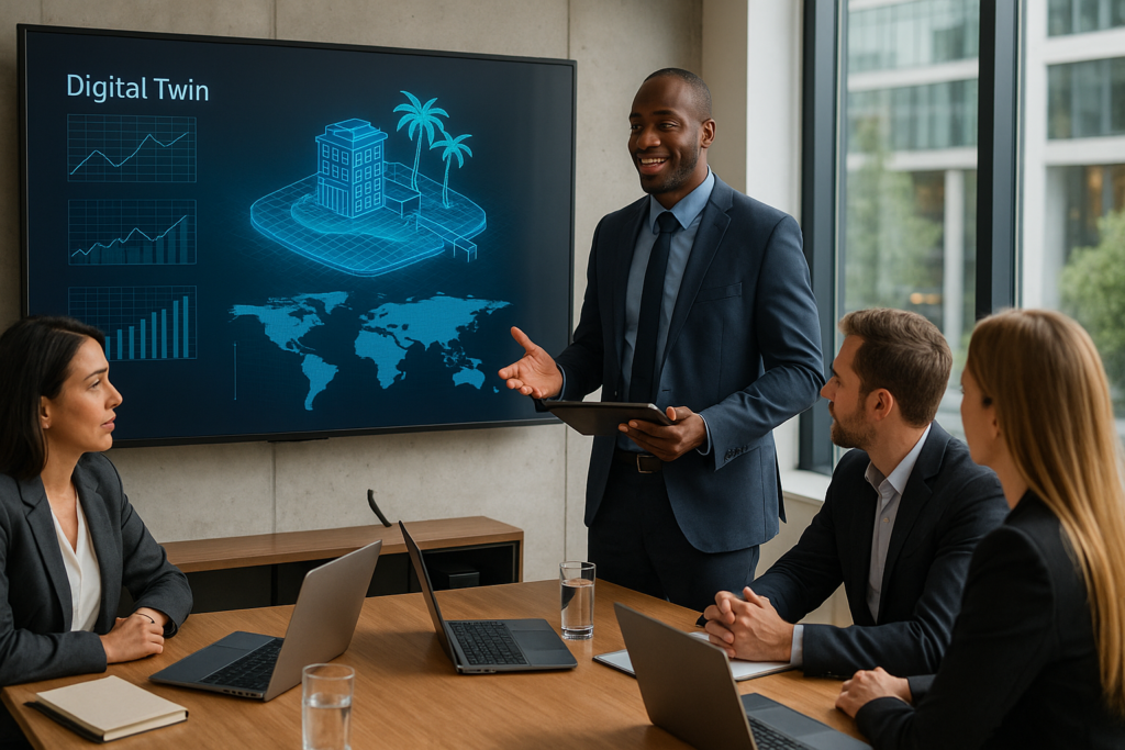 Reunión profesional con presentación de gemelo digital B2B turismo en entorno corporativo