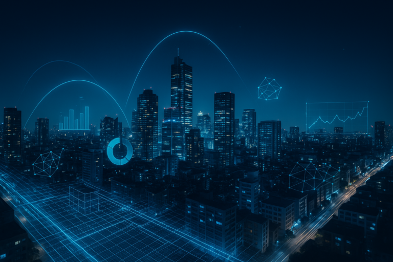 Ciudad inteligente nocturna con capas digitales aplicadas y enfoque en gemelo digital smart city