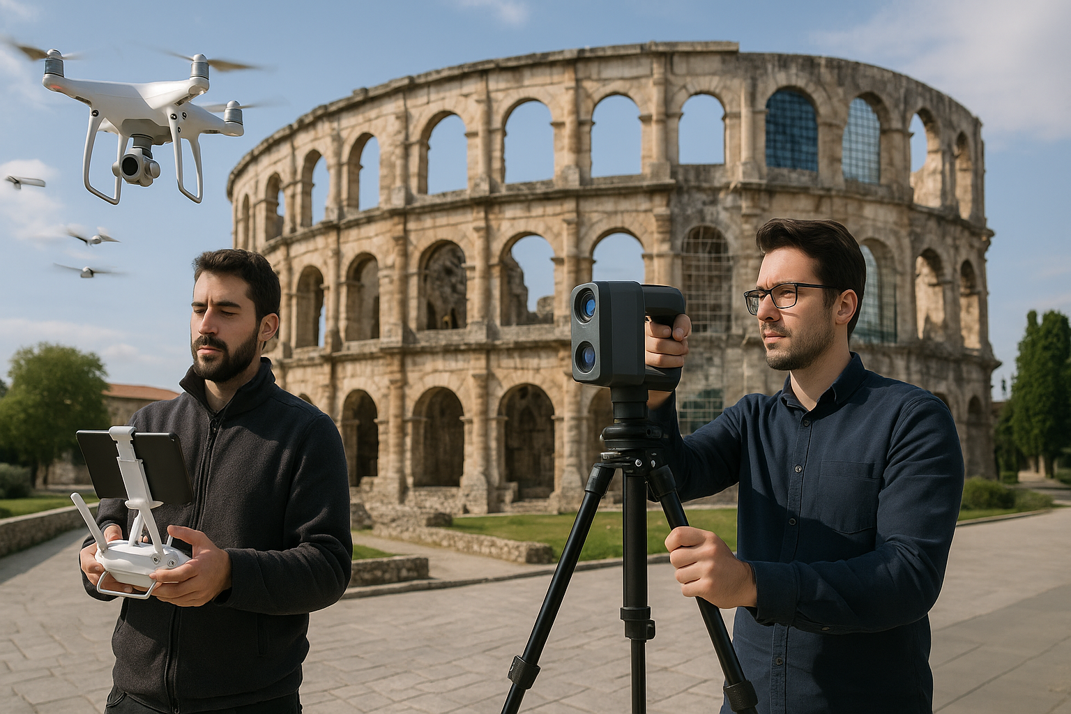 Equipo técnico capturando entorno turístico con drones y escaneo 3D para crear gemelo digital