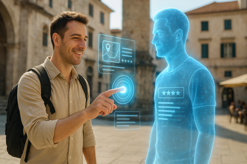 Turista interactuando con un gemelo digital personalización en destino real para obtener una experiencia personalizada