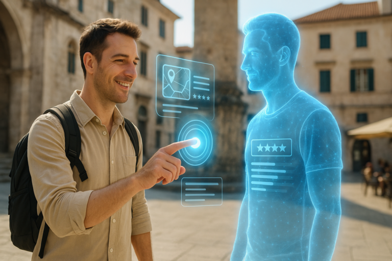 Turista interactuando con un gemelo digital personalización en destino real para obtener una experiencia personalizada