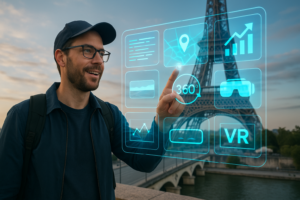 Turista interactuando con experiencias inmersivas mediante capa digital aumentada en un destino icónico