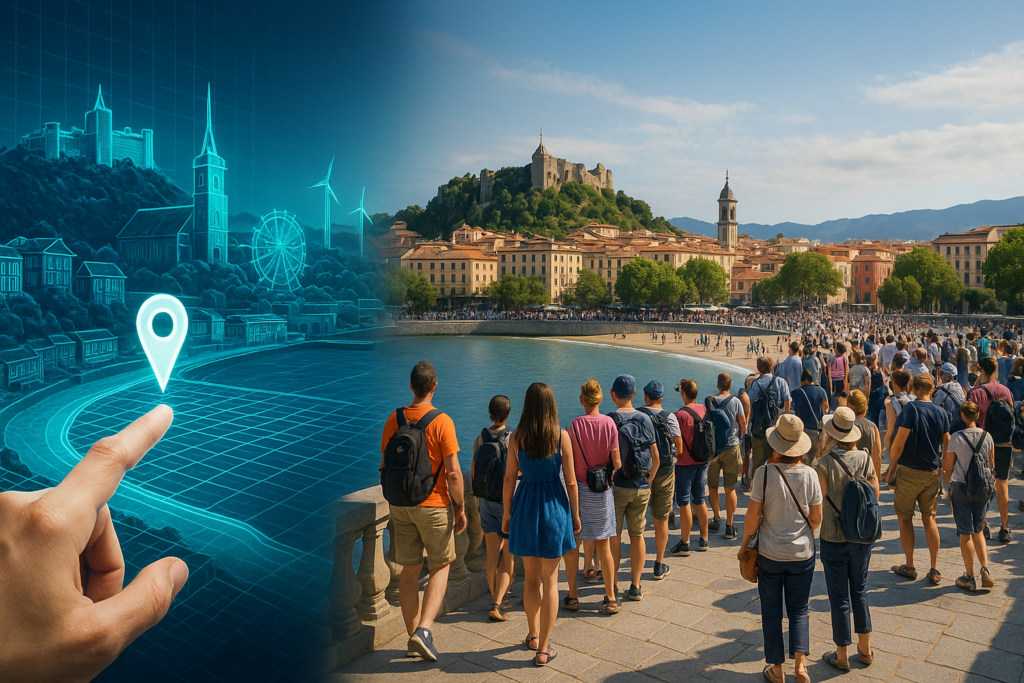 Destino turístico visualizado digitalmente mostrando cómo el gemelo digital overtourism optimiza los flujos de visitantes