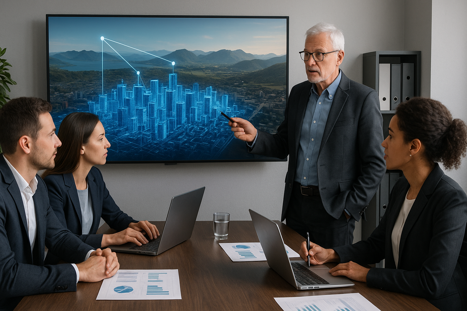 Sala ejecutiva analizando un gemelo digital estrategia como activo estratégico del destino