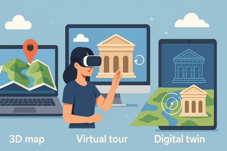 Ilustración comparativa educativa que muestra mapa 3D, tour virtual y gemelo digital con enfoque gemelo digital comparativa