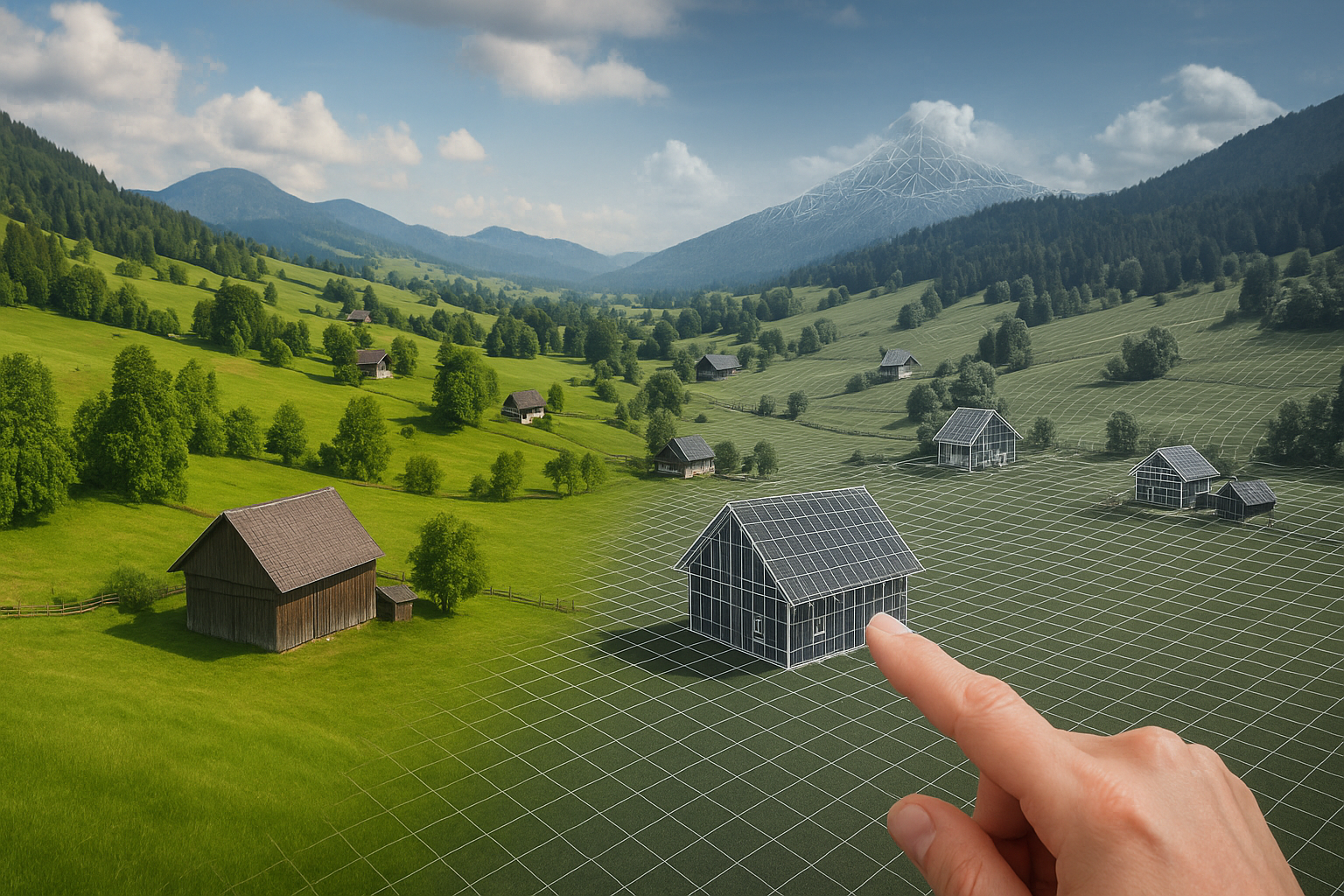 Paisaje rural natural con gemelo digital turismo rural superpuesto en estilo fotográfico