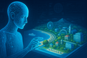 Representación avanzada de gemelo digital inteligencia artificial analizando un destino turístico en 3D