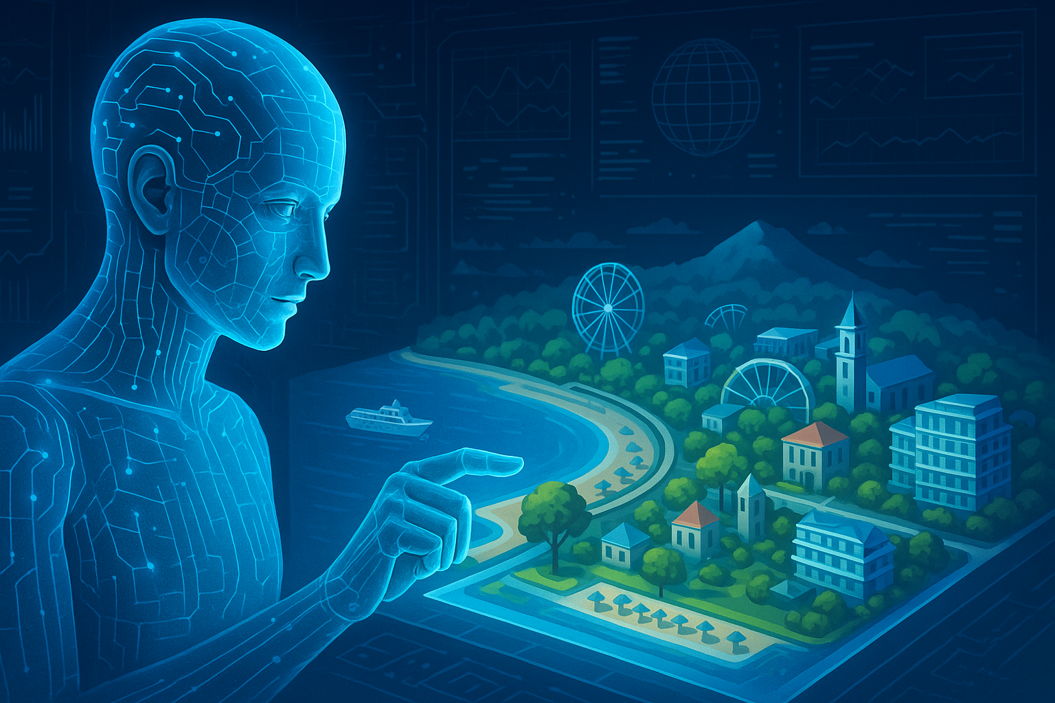 Representación avanzada de gemelo digital inteligencia artificial analizando un destino turístico en 3D