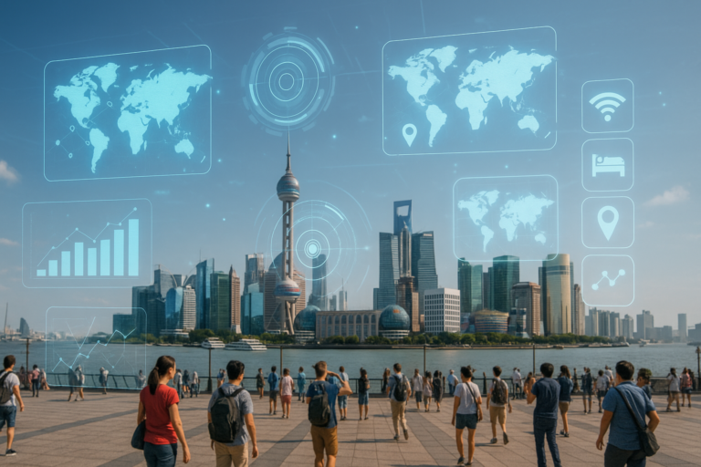 Ciudad turística con capas digitales superpuestas en entorno de turismo inmersivo