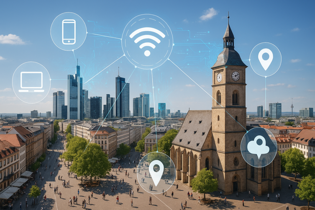 Centro urbano conectado con infraestructura digital representando un destino turístico inteligente