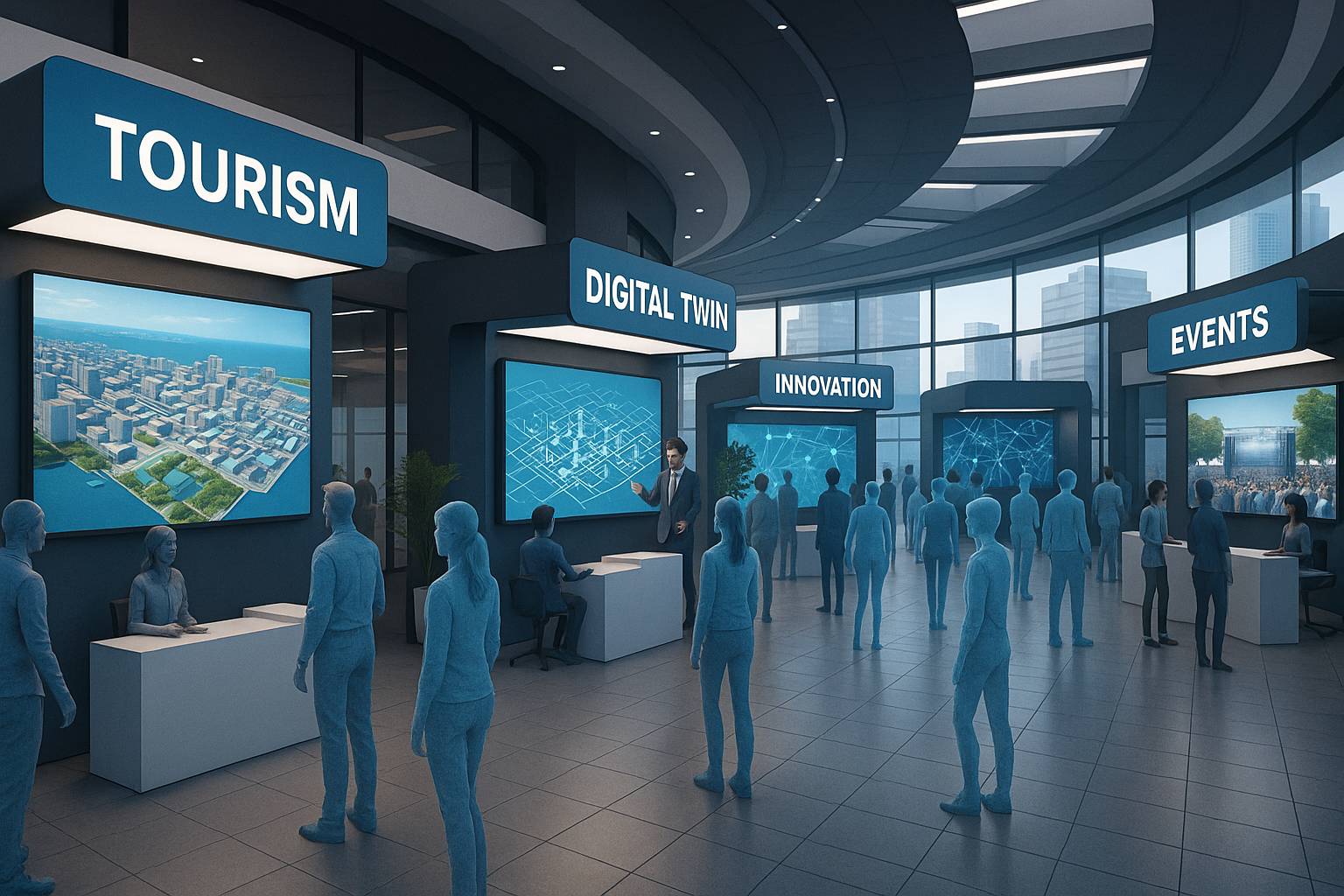 Feria turística virtual en 3D con stands interactivos y enfoque en gemelo digital eventos